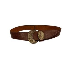 Kim White Belt Signed Chunky Brass Oval Buckle Pebbled Brown Leather Women’s